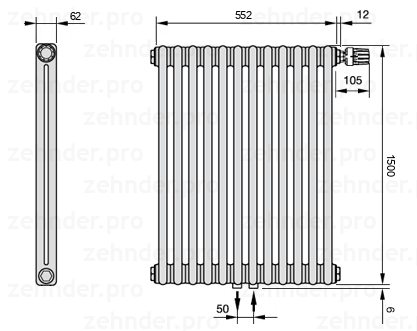 Схема (чертеж) Радиатор Zehnder Charleston 2150/12 №V008 Белый глянцевый RAL 9016